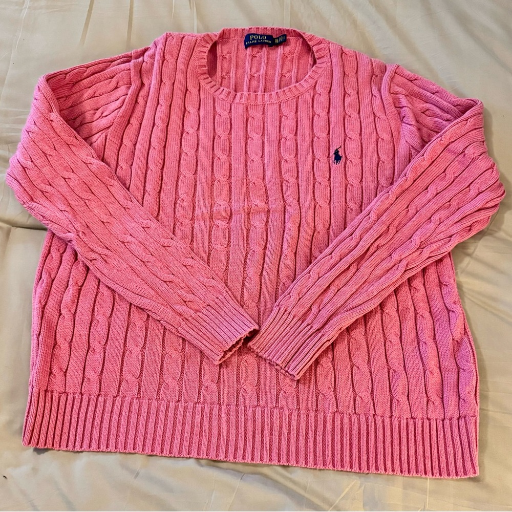 Polo RL Sweater Womens XL Cable Knit Crew Neck Pull Over. W/Navy Blue horse.